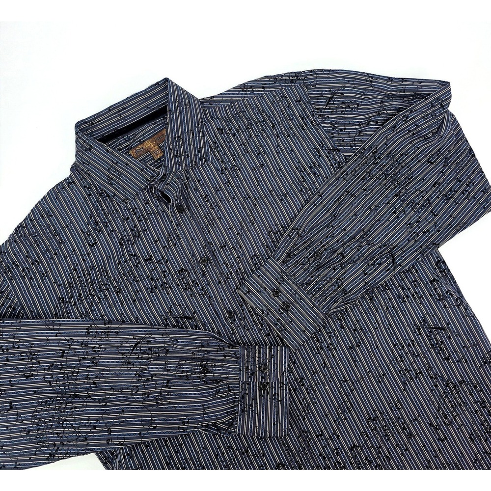 Blue Pronto Uomo 2XLT‎ Navy Striped Black Embroidered Floral Button Up Shirt